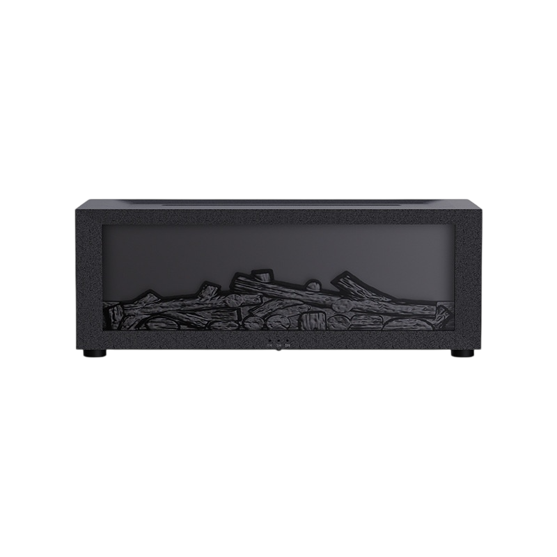 A rectangular black electric fireplace insert with a textured frame and a dark screen showing decorative faux logs, set against a plain white background.