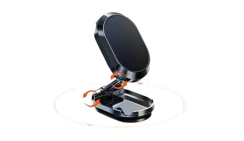 A black magnetic car phone mount with an orange accent clip, shown open on a white background with a faint circular graphic underneath.