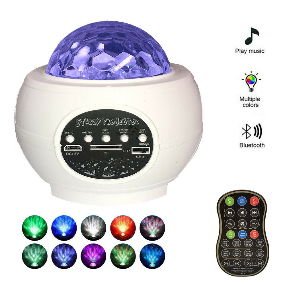 Colorful light projector with remote control on a white background