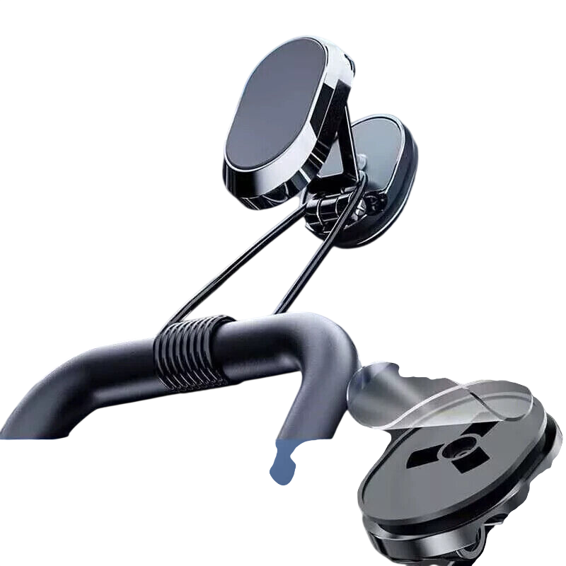 A black and silver bicycle handlebar mount with a magnetic phone holder and a clear protective cover, shown against a solid white background.