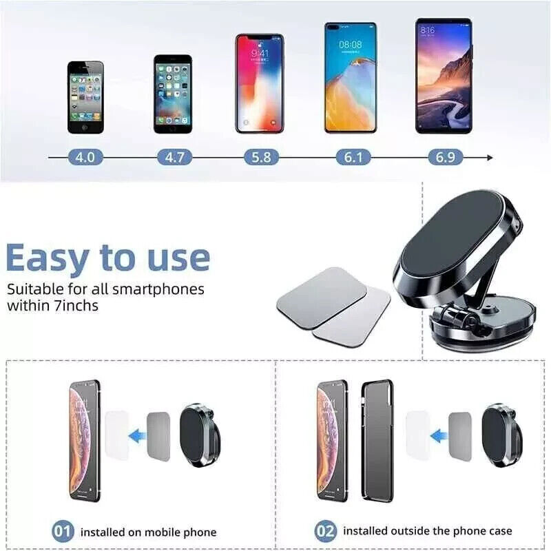 Phone screen size comparison chart with smartphone illustrations and a phone mount.