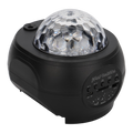 A black DJ light projector with a faceted clear crystal ball on top and a control panel on the front right, shown on a white background.
