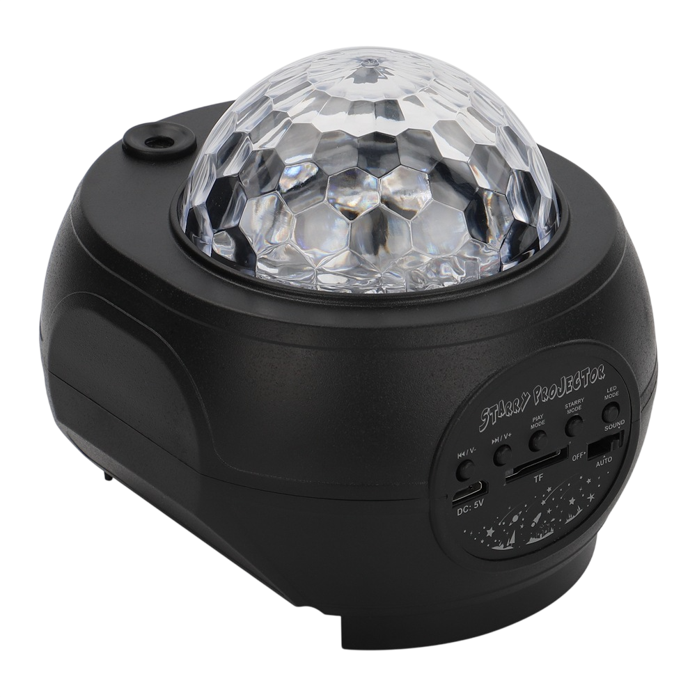 A black DJ light projector with a faceted clear crystal ball on top and a control panel on the front right, shown on a white background.