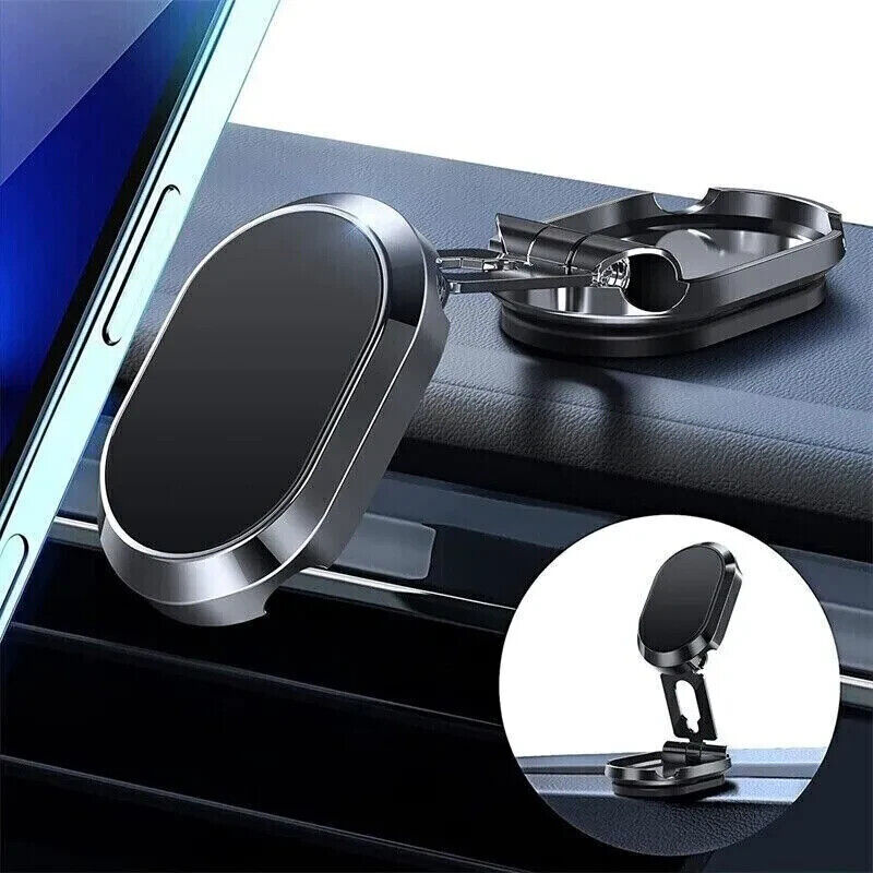 Phone holder with car mount and close-up inset on a dark surface